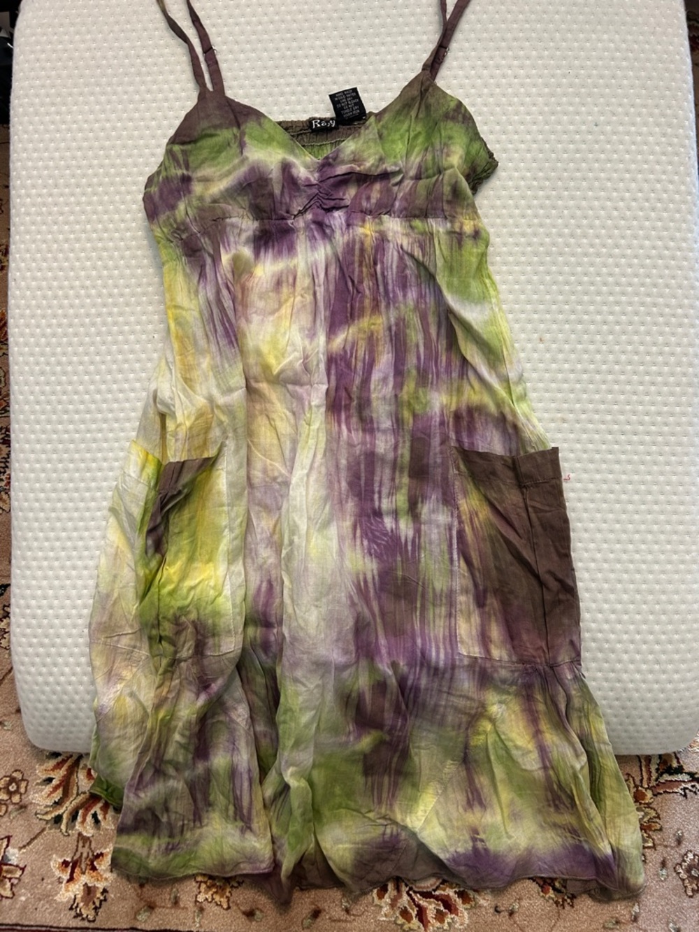 Tie-Dye Spaghetti Strap Cotton Sundress in Green, Purple & Yellow-Small